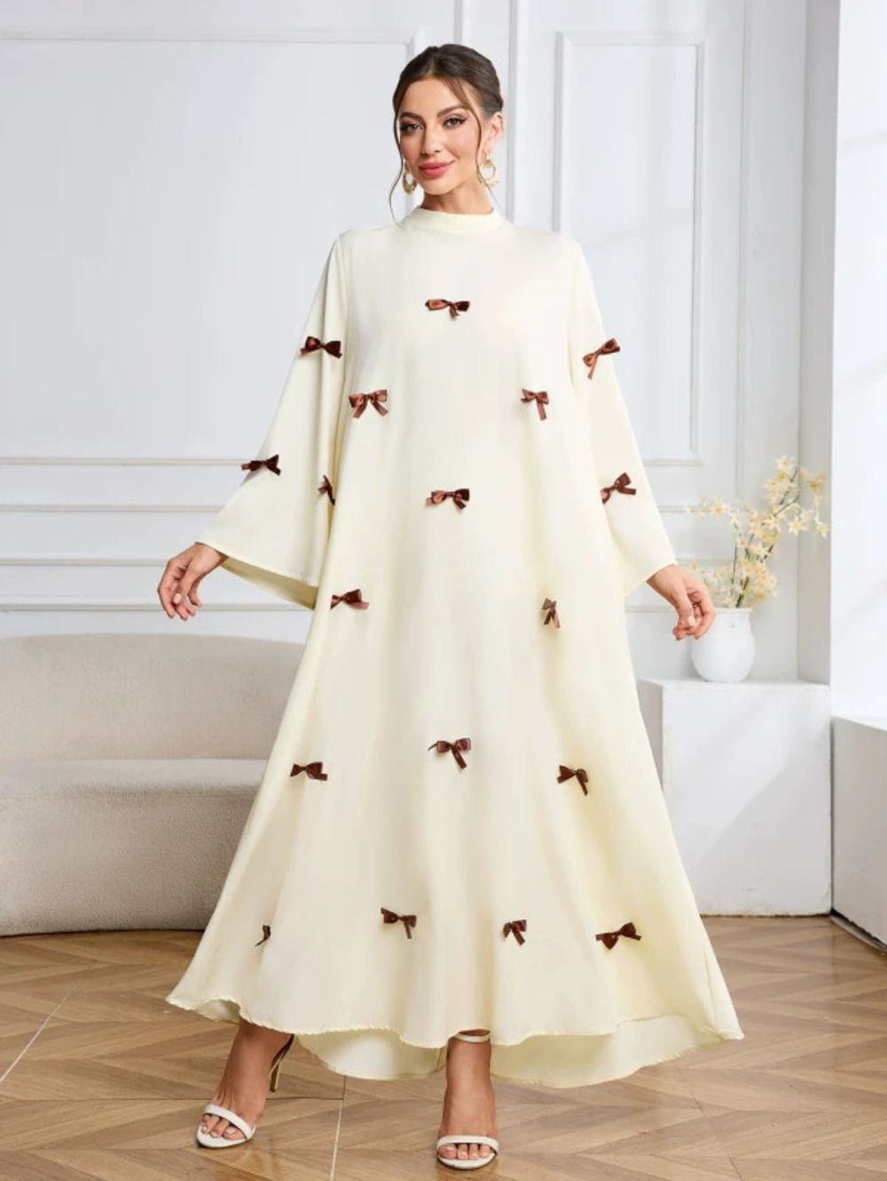 Loose Casual Round Neck Bell Sleeve Bow Robe Dress